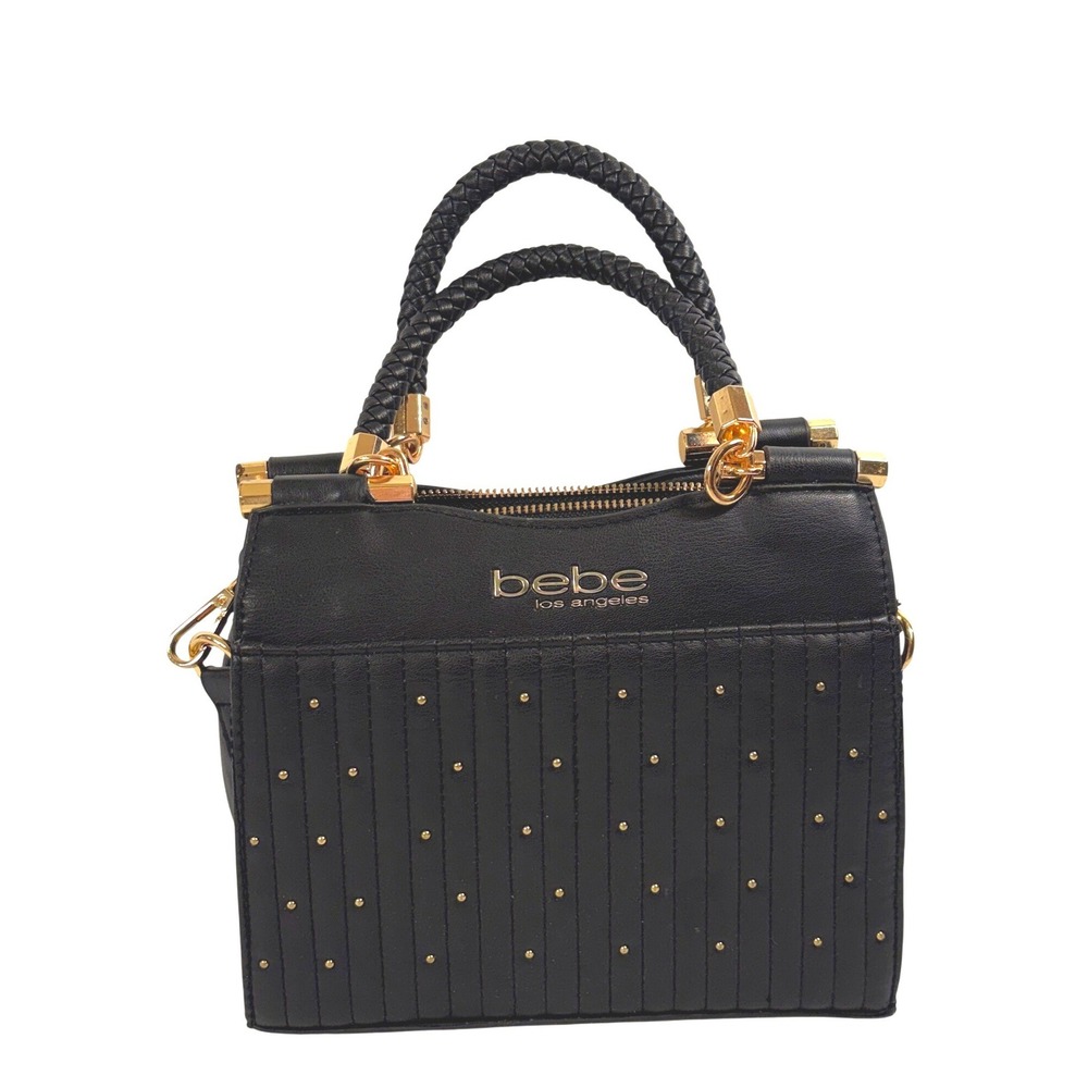 Bebe Black Studded Satchel Crossbody Bag Gold Hardware Braided Handles NWOT